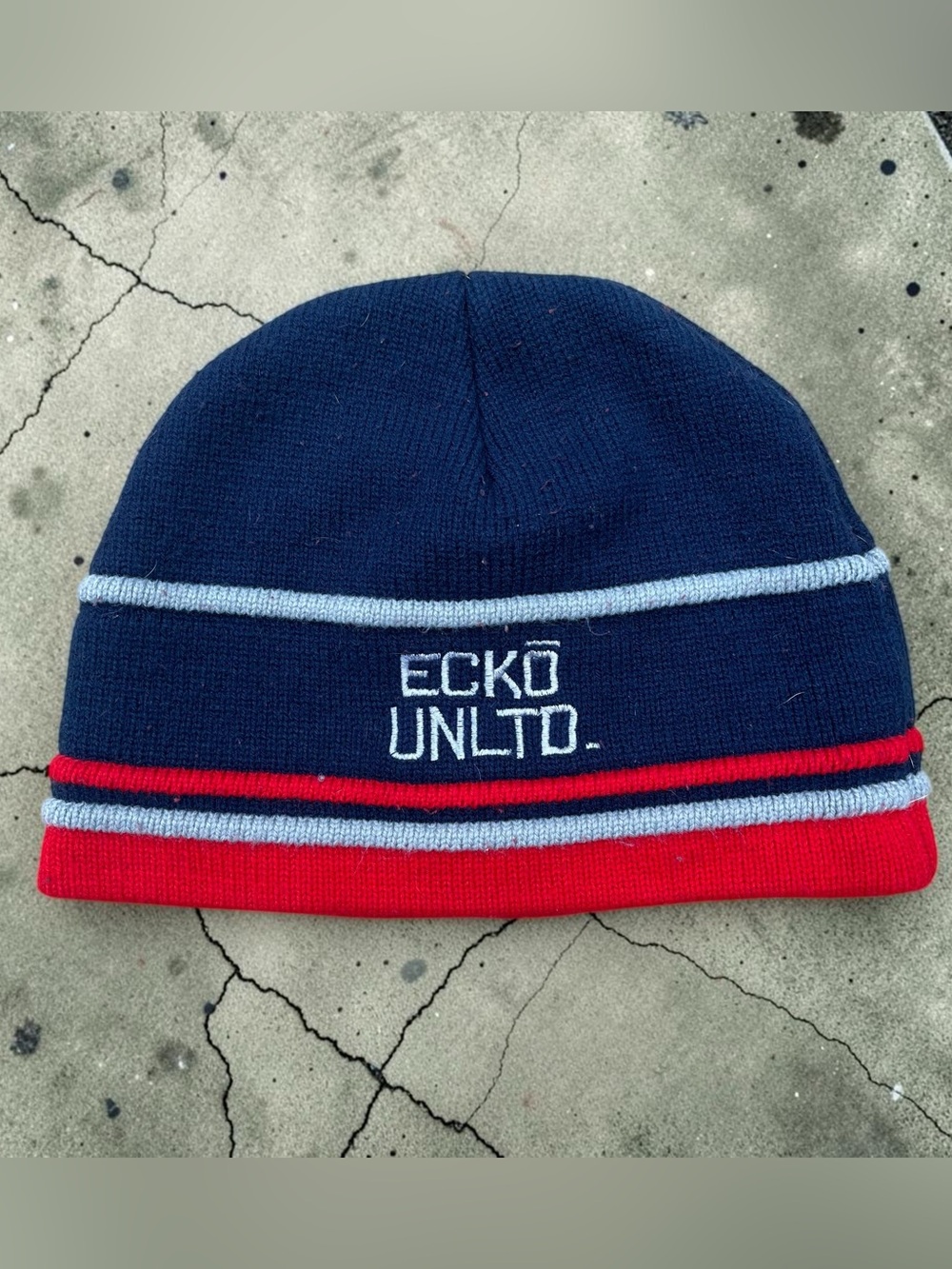 Ecko Unlimited Navy, Red & Light Gray Striped Knit Beanie